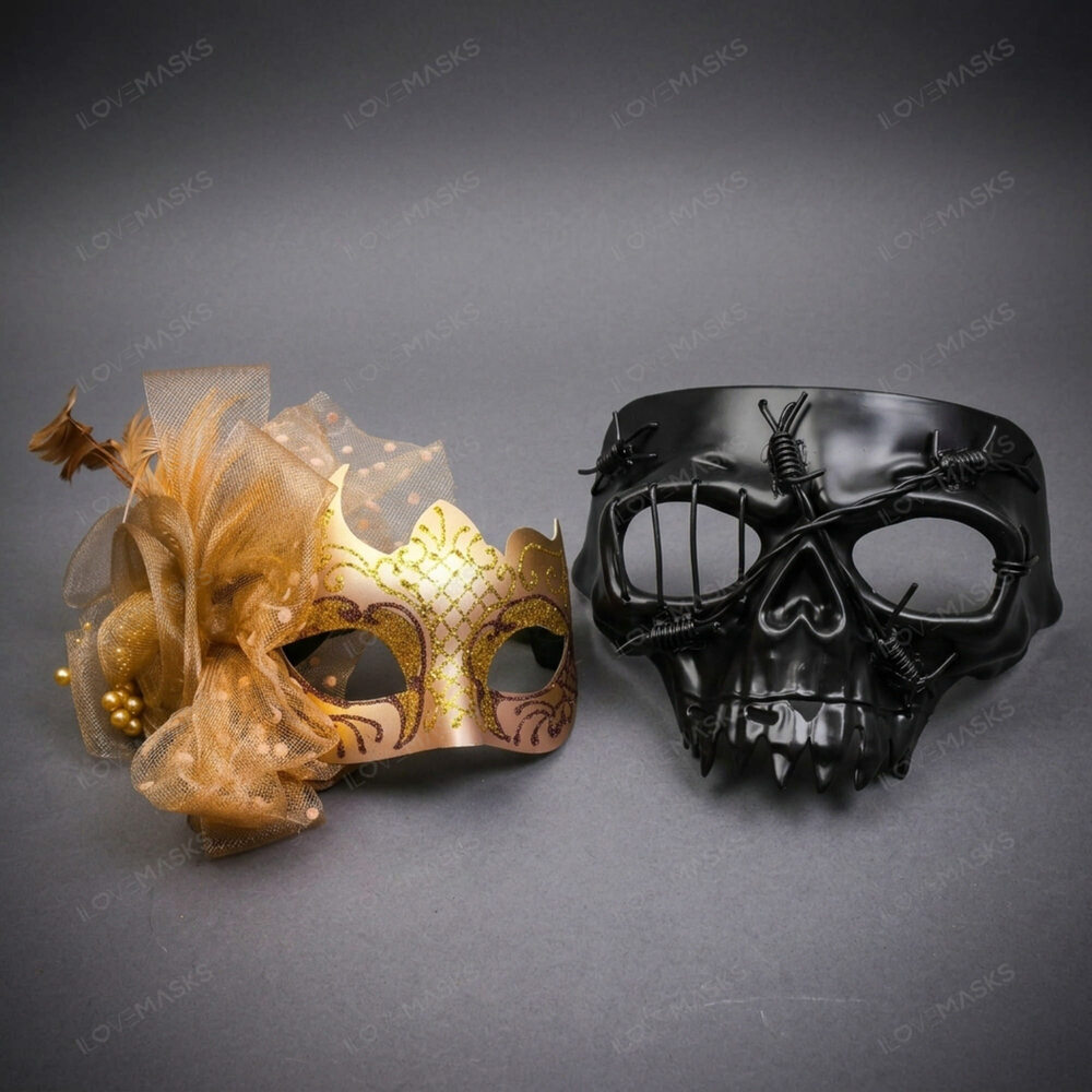 Venetian Skull Feather Masquerade Halloween Party mask Gold Black